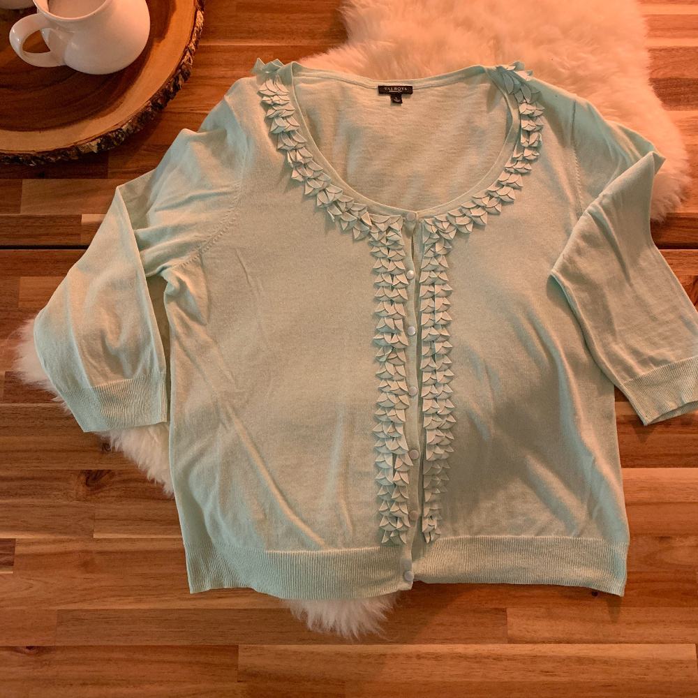TALBOTS MINT GREEN3/4 SLEEVE EMBELLISHED CARDIGAN